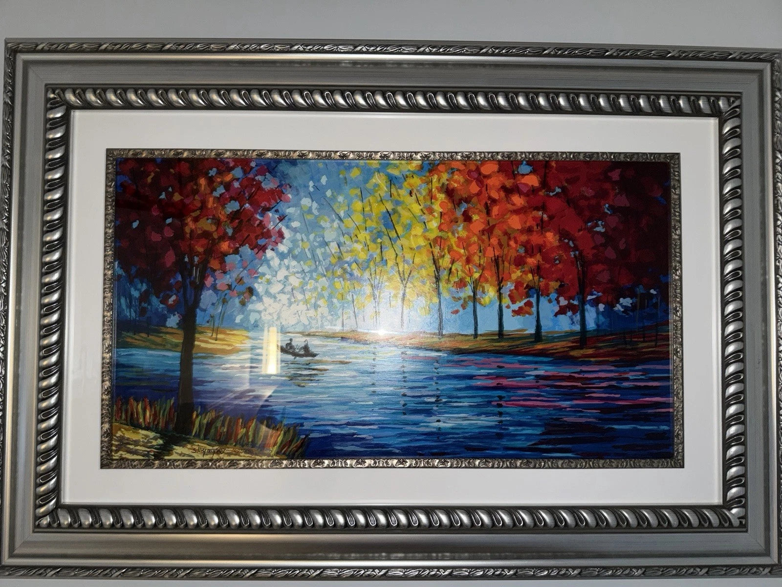 Slava Ilyayev 40x27 Abstract Landscape River Boat Painting – Matted & Framed