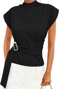 ZESICA Mock Neck Cap Sleeve Blouse – Black, Large