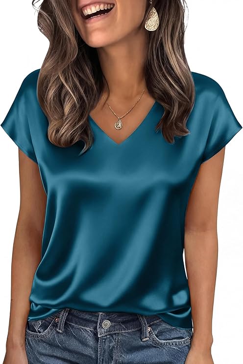 WIHOLL Satin V-Neck Cap Sleeve Blouse – Peacock Blue, Large