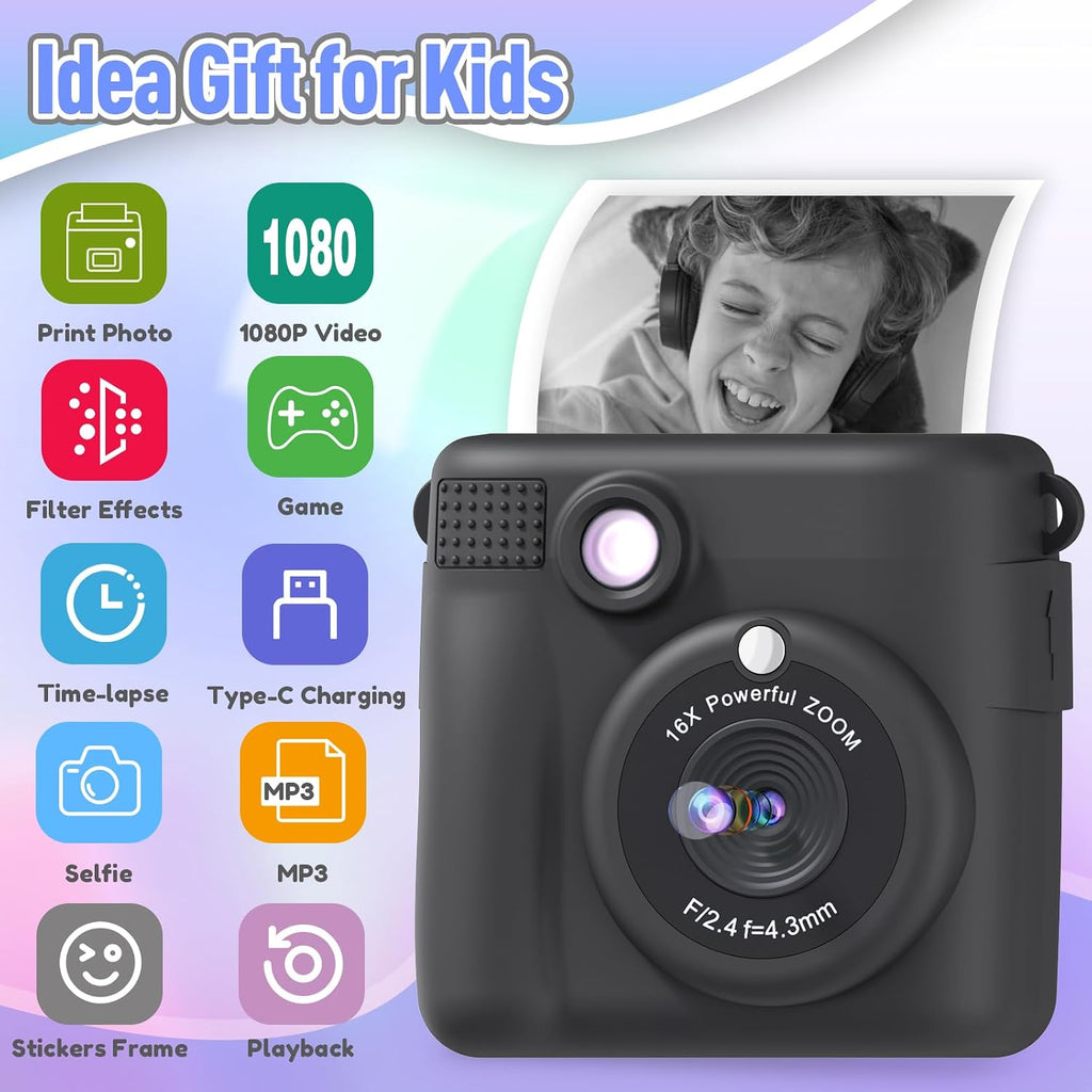 ESOXOFFORE Kids Instant Print Camera – Black