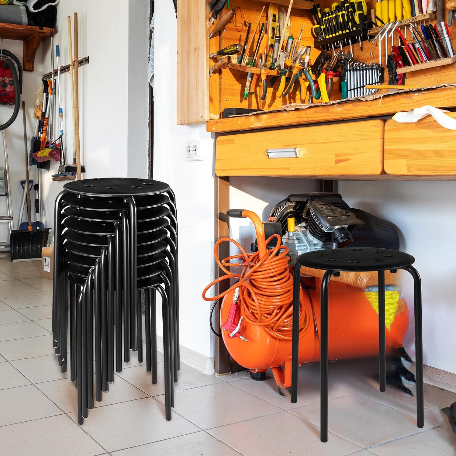 uanse 10-Pack Stackable Plastic Stools with Metal Frame – Black
