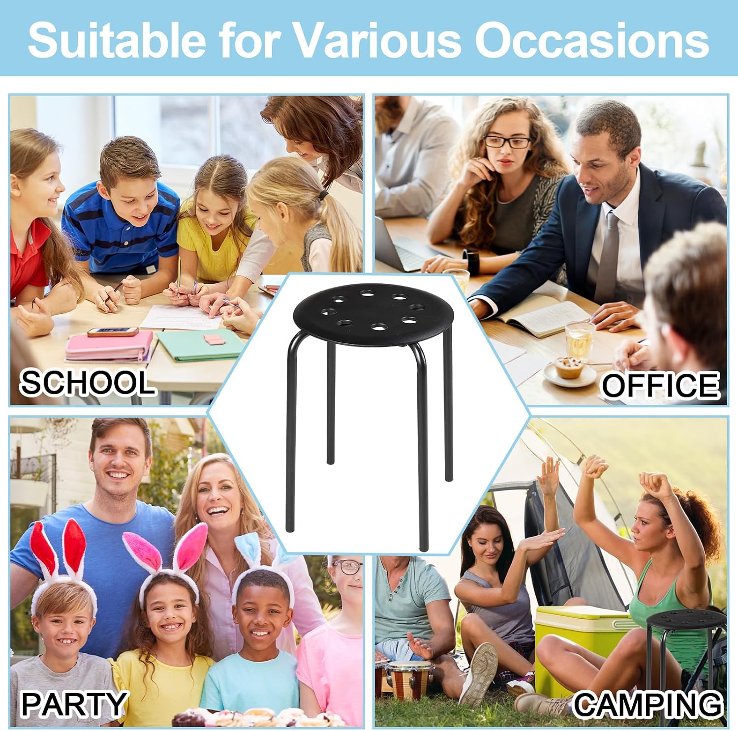 uanse 10-Pack Stackable Plastic Stools with Metal Frame – Black